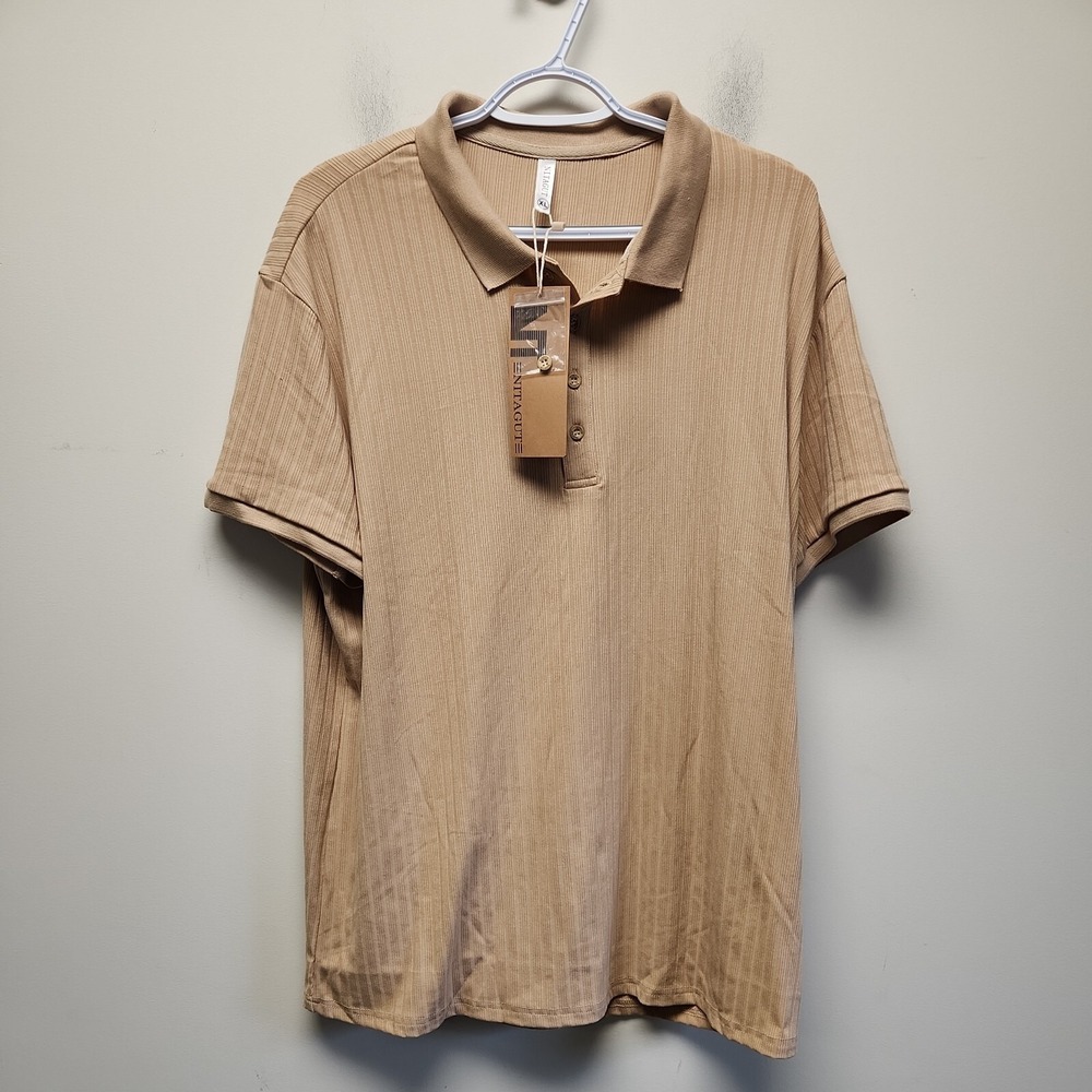 NITAGUT Mens Short Sleeve Polo Shirt Casual Tan Ribbed‎ New Size XL